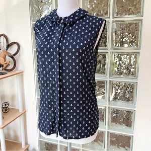 RedGreen Twee Nautical Anchor Print Navy White Collared Sleeveless Blouse Top S